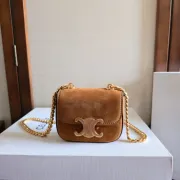 Celine Women's Mini Crossbody Bag - Tan Suede Leather, Gold-Tone Triomphe Logo Chain Strap, Luxury Compact Shoulder Bag for Fashion Enthusiasts #A56846 Celine Women's Mini Crossbody Bag - Tan Suede Leather, Gold-Tone Triomphe Logo Chain Strap, Luxury Compact Shoulder Bag for Fashion Enthusiasts #A56846