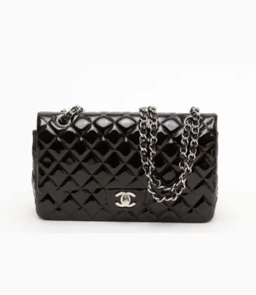 Chanel Classic Flap Bag In Black Patent Leather With Silver Chain Strap And Iconic Logo #A50304 Chanel Classic Flap Bag In Black Patent Leather With Silver Chain Strap And Iconic Logo #A50304
