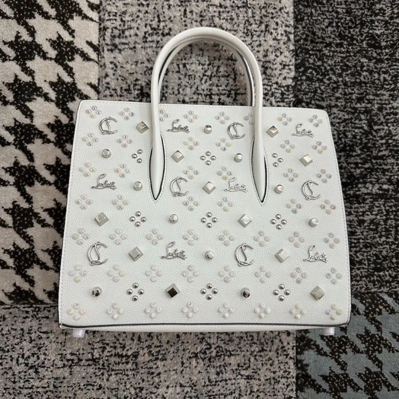 Christian Louboutin White Leather Handbag With Colorful Studs And Red Branding #A52417