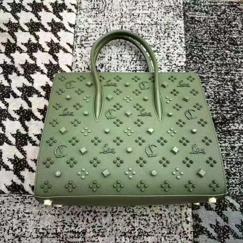 Christian Louboutin Olive Green Studded Leather Handbag With Signature Motifs #A52419