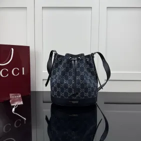 Brand G GG Denim Drawstring Bucket Bag 875237 #A66135