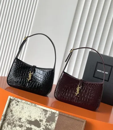 YSL Cléo 5 à 7 Glossy Croc Embossed Leather Underarm Bag Gold Logo Handbag #A65969