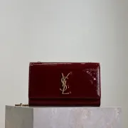 YSL Patent Leather Chain Wallet In Burgundy Showcasing Iconic Logo And Timeless Elegance #A50335