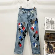 Chrome Hearts Inspired Blue Denim Jeans With Colorful Cross Patches For Edgy Fashion #A54279