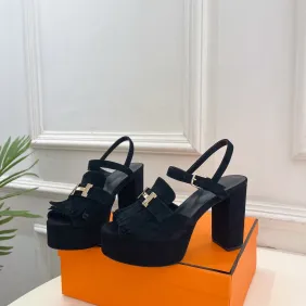 Hermes Style Platform Sandals with H Buckleamp; Tassel 10cm Heel #A66237