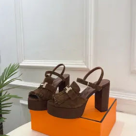 Hermes Style Platform Sandals with H Buckleamp; Tassel 10cm Heel #A66238