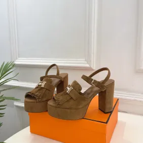 Hermes Style Platform Sandals with H Buckleamp; Tassel 10cm Heel #A66239
