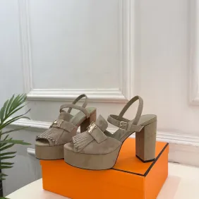 Hermes Style Platform Sandals with H Buckleamp; Tassel 10cm Heel #A66240
