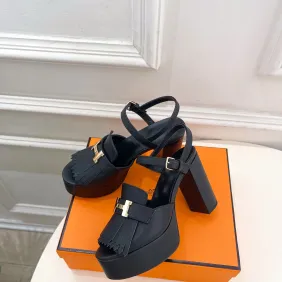 Hermes Style Platform Sandals with H Buckleamp; Tassel 10cm Heel #A66241