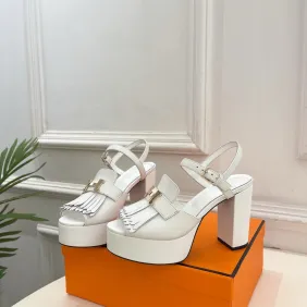 Hermes Style Platform Sandals with H Buckleamp; Tassel 10cm Heel #A66242