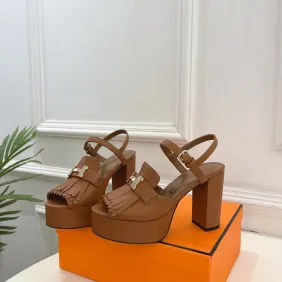 Hermes Style Platform Sandals with H Buckleamp; Tassel 10cm Heel #A66243