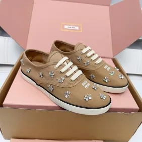 Miu Miu Women's Rhinestone Embroidered Canvas Sneakers #A66082