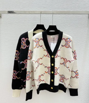 Celine Luxury Brand Women's Wool Cardigan V neck Style with Colorful Logo Patterns and Gold toned Buttons #A54845 Celine Luxury Brand Women's Wool Cardigan V neck Style with Colorful Logo Patterns and Gold toned Buttons #A54845
