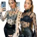 YSL European and American women's cross-border Amazon sexy see-through high-neck long-sleeved flocked high-quality top T-shirt #A64626